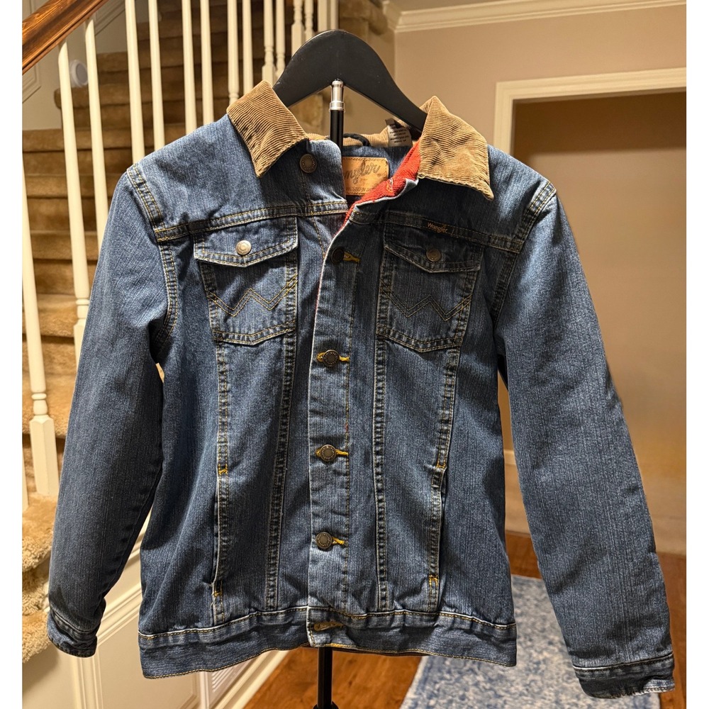 Wrangler Kids Blue Denim Western Jacket Plaid Lined Corduroy Collar Large
